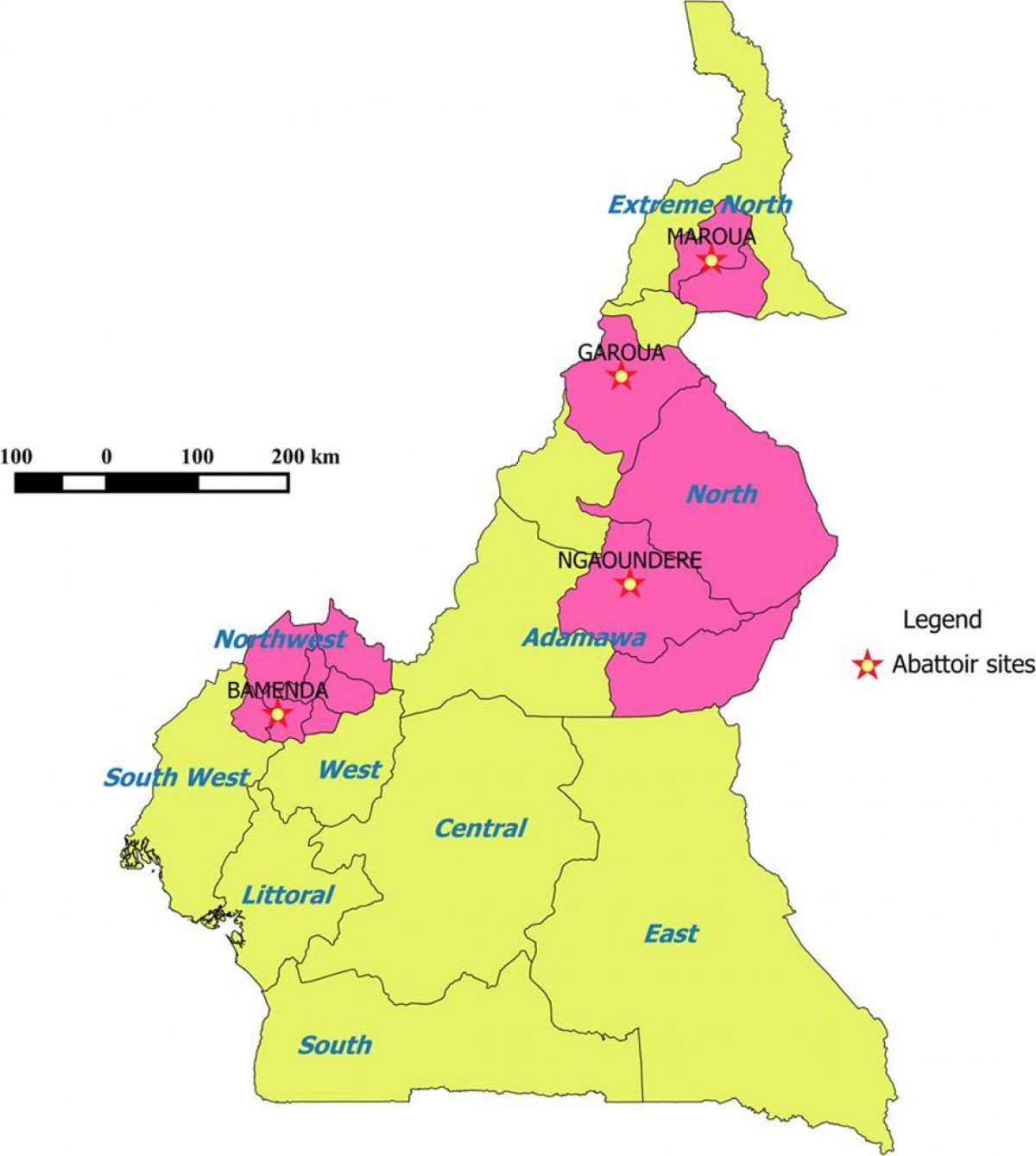 Kamerun ukazuje regiónov mapu